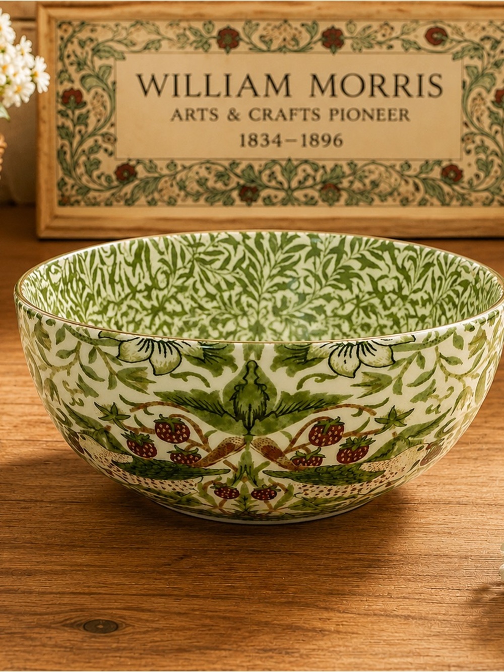 William Morris Hand-Painted Ceramic Strawberry Motif  Bowl 8” inches wide